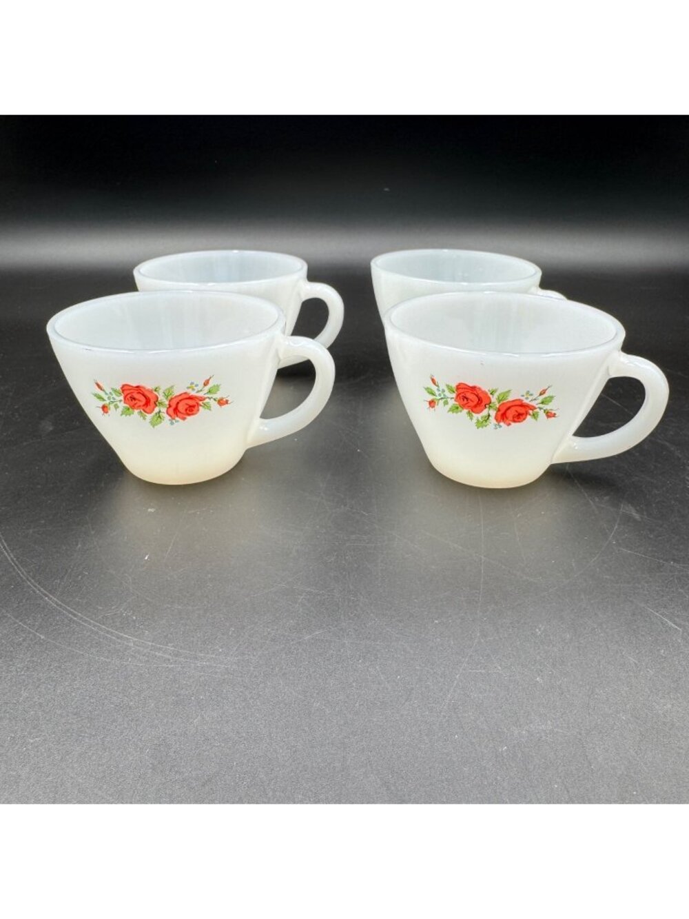 Anchor Hocking Fire-King Milk Glass Teacups W/ Red Rose Pattern Set Of 4 Vintage